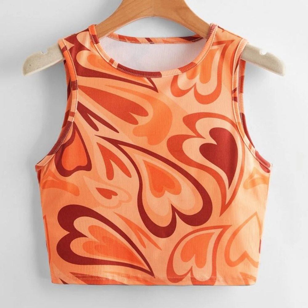 Orange Heart Print Cropped Top